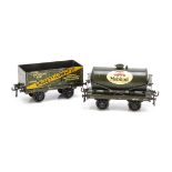 A Bassett-Lowke 0 Gauge Mobiloil Tanker and B-L Private Owner Wagon, the tank wagon in grey with