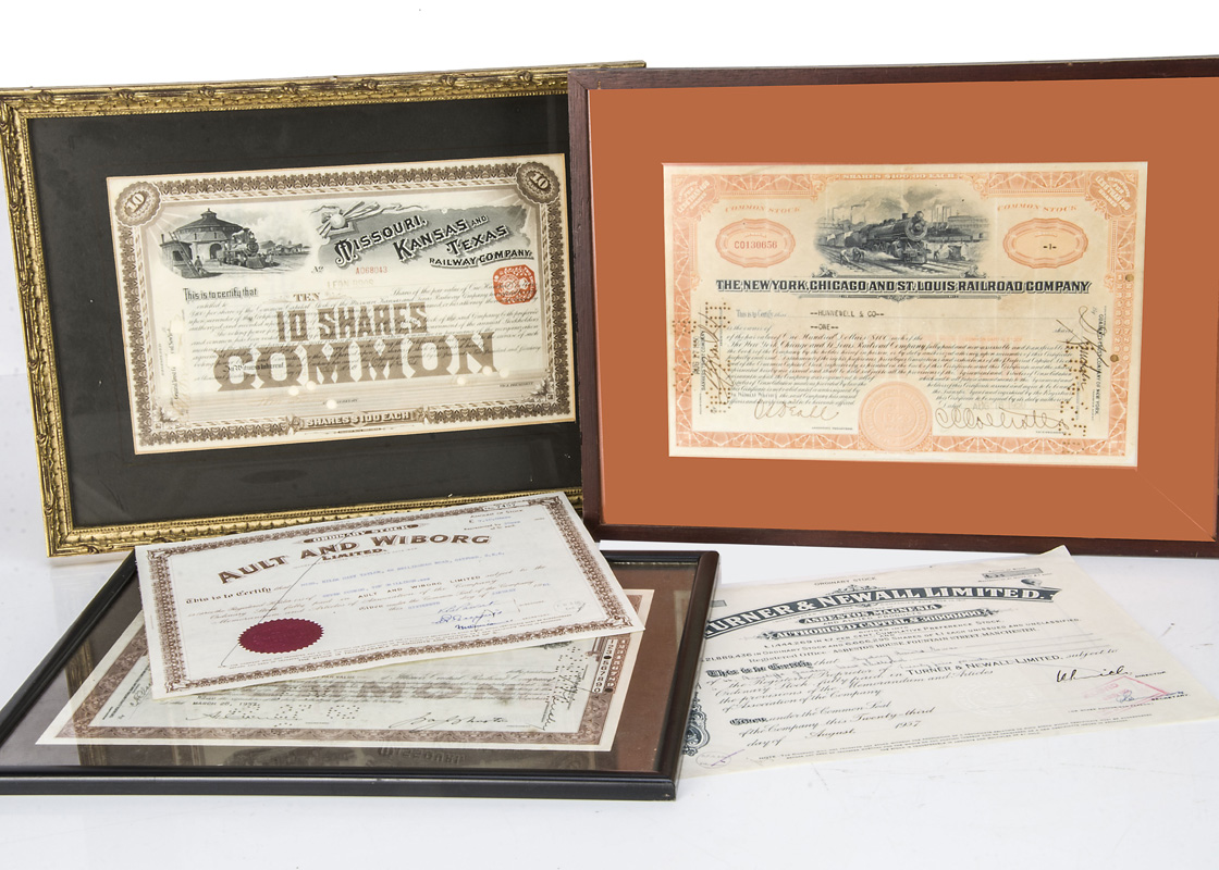 Railroad and Other Share Certificates, three framed and glazed examples Missouri, Kansas and Texas