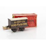 A rare French Hornby 0 Gauge OAG-base 'Biscuits Huntley & Palmers' Van, in brown with red-edged gold