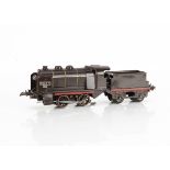 A French Hornby 0 Gauge No OE electric Locomotive and Tender, in brown with white rubber-stamped '