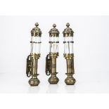 Brass Wall-Mounted Candle Holders, three GWR style, brass candle holders with glass shades (14"