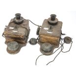 Pair of Signal Box Wall Mounted Telephones, both oak cased (damage to one corner) mounted with