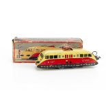 A boxed French Hornby 0 Gauge electric 'Autorail M' single railcar, in lithographed 'ETAT' red and