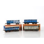 French Hornby 0 Gauge No 2 SNCF Bogie Freight Stock, a grey/black luggage van with pale green