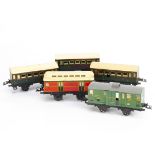 Five French Hornby O Gauge No 1 S Coaches, lithographed 1st, 2nd and 3rd class coaches in green with