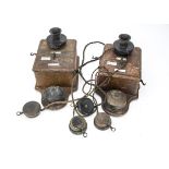 Pair of Signal Box Wall Mounted Telephones, both oak cased mounted with bells, metal and Bakelite