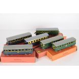 Six boxed French Hornby O Gauge post-war SNCF/Wagons-Lits Coaches, two VoOR CIWL dining cars in blue