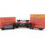 Late French Hornby 0 Gauge Bogie Freight Stock, comprising 2 PLM brown covered vans, 1 'Travaux