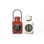 Two Railway Signal Lamps, two repainted examples both unmarked with loop handles, both with