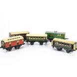 Five French Hornby O Gauge No 1 S Coaches, earlier lithographed coaches with opening doors,