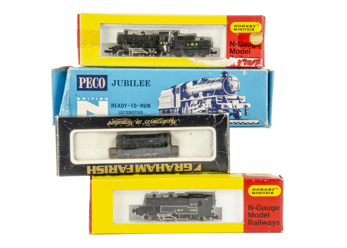 LMS N Gauge Steam and Diesel Locomotives, four boxed examples including Peco Jubilee NL-21 Nelson