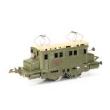 A French Hornby 0 Gauge post-war 20-volt AC electric model in SNCF khaki green with cream roof, with