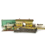Hornby 0 Gauge electric Track Items and 'Wembley' Station, three-rail track including a box of 12