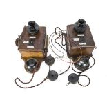 Pair of Signal Box Wall Mounted Telephones, both oak cased mounted with bells, metal and Bakelite