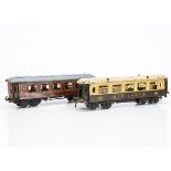 Bing and Hornby 0 Gauge Bogie Coaches, a Bing saloon in lithographed crimson, with grey hinged