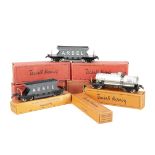 Late French Hornby 0 Gauge Bogie Freight Stock, comprising 2 PLM brown covered vans, 1 'Travaux