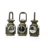 British Army Railway Signal Lamps, three lamps all green painted by C.E. & S with broad arrow