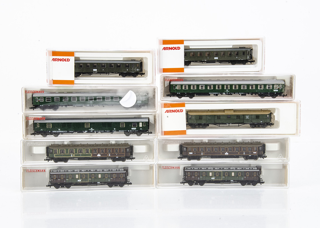 Fleischmann and Arnold N Gauge Continental Coaches, a cased group comprising Fleischmann 8100,