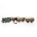 Bing Table Top 00 Gauge clockwork LNER Tank Locomotive and Coaches, green 2-4-0 Tank and LNER '