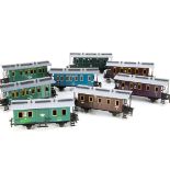 Unboxed ETS 0 Gauge 4-wheeled Coaching Stock, two KPEV coaches in brown, one 2nd, one 3rd and two