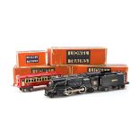 Lionel 0 Gauge Locomotive and three Coaches, unboxed Lionel Lines black 2-4-2 electric Locomotive