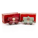 Two uncommon French Hornby 0 Gauge Tank Wagons, a 'Wagon à Essence' ECO in grey with small drop-link