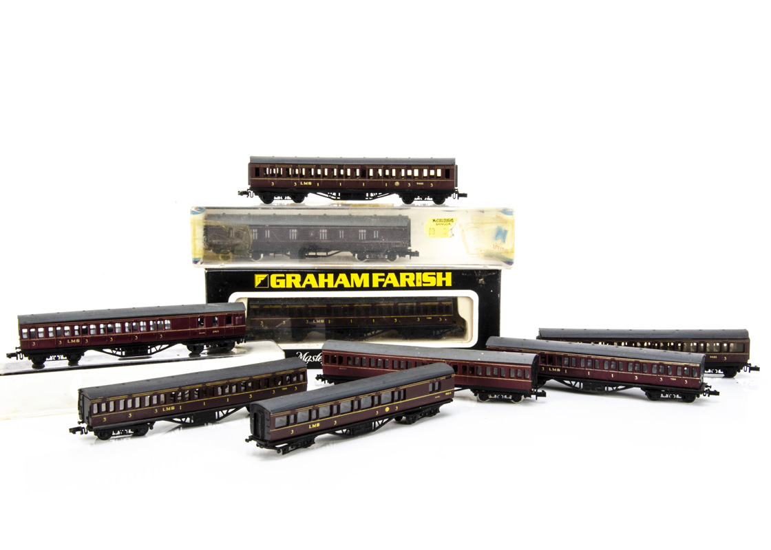 Graham Farish N Gauge LMS Coaches, a boxed 0605 57ft Suburban Coach, together with eight others