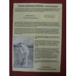 Cricket Autograph, Kenneth Lotherington Hutchings (Kent & England), a clipped signature with an