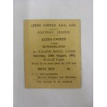 LEEDS UNITED, 1962/1963, a football ticket from the fixture versus Sunderland, played on 25/08/