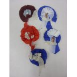 ROSETTES, circa 1968, a collection of 5 home made 3" diameter football rosettes, 3 x blue/white (2