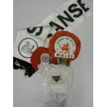 SWANSEA CITY, 1970's, football, a silk scarf, white with black print, plus 3 Rosettes, 1 x Swansea