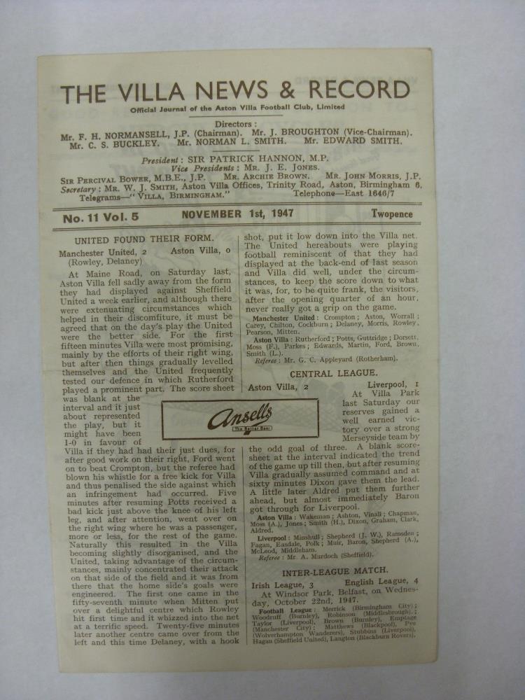 ASTON VILLA, 1947/1948, a football programme from the home fixture with Preston North End, played on