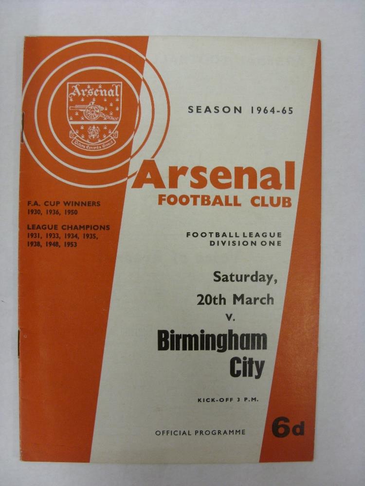 ARSENAL, 1964/1965, a football programme from the fixture versus Birmingham City, scheduled for 20/