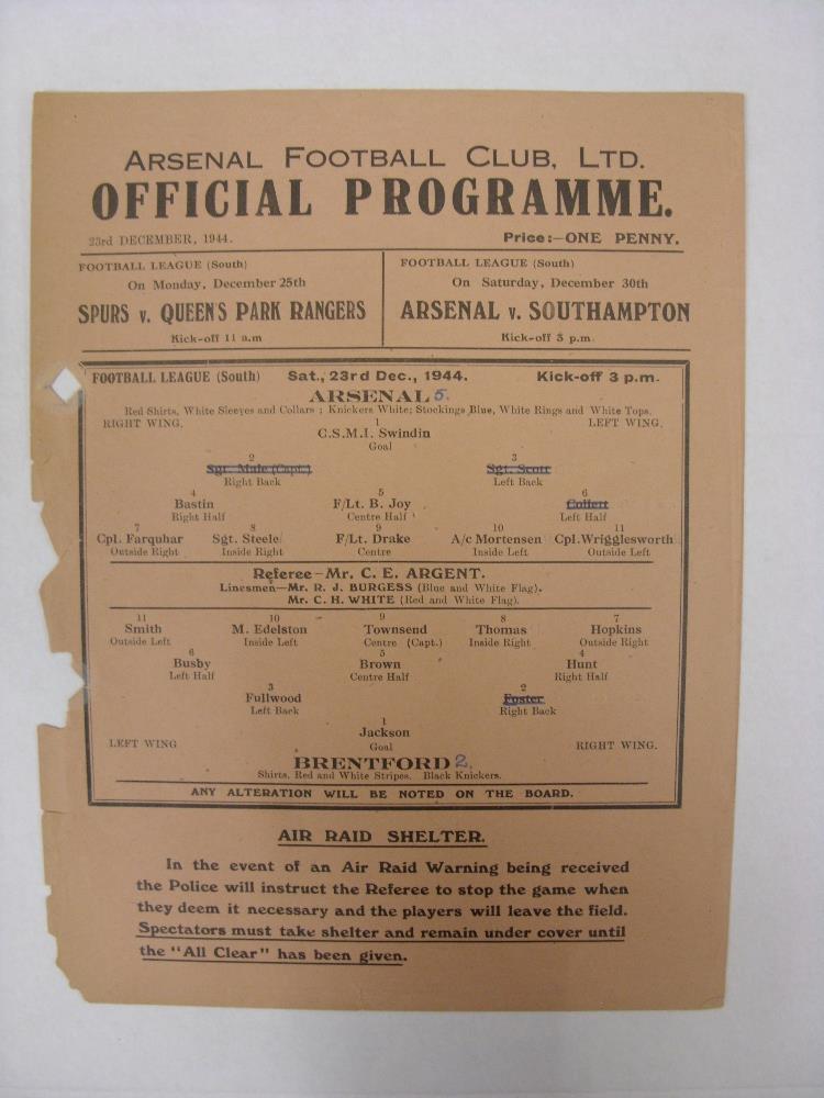 ARSENAL, 1944/1945, versus Brentford, a football programme from the fixture played in The Football