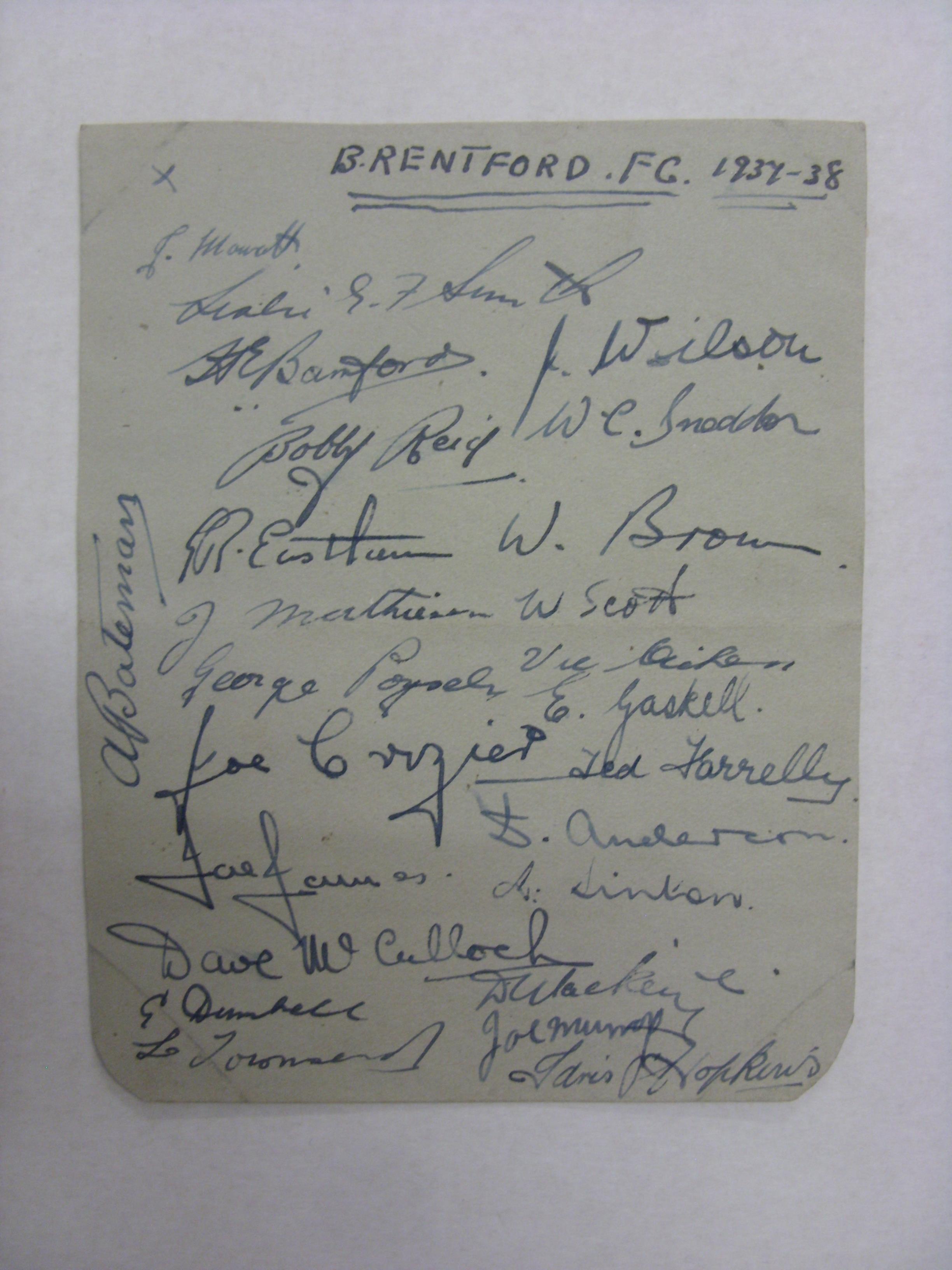 AUTOGRAPHS, 1937/1938, Brentford Football Club, 25 Signatures on autograph book page.