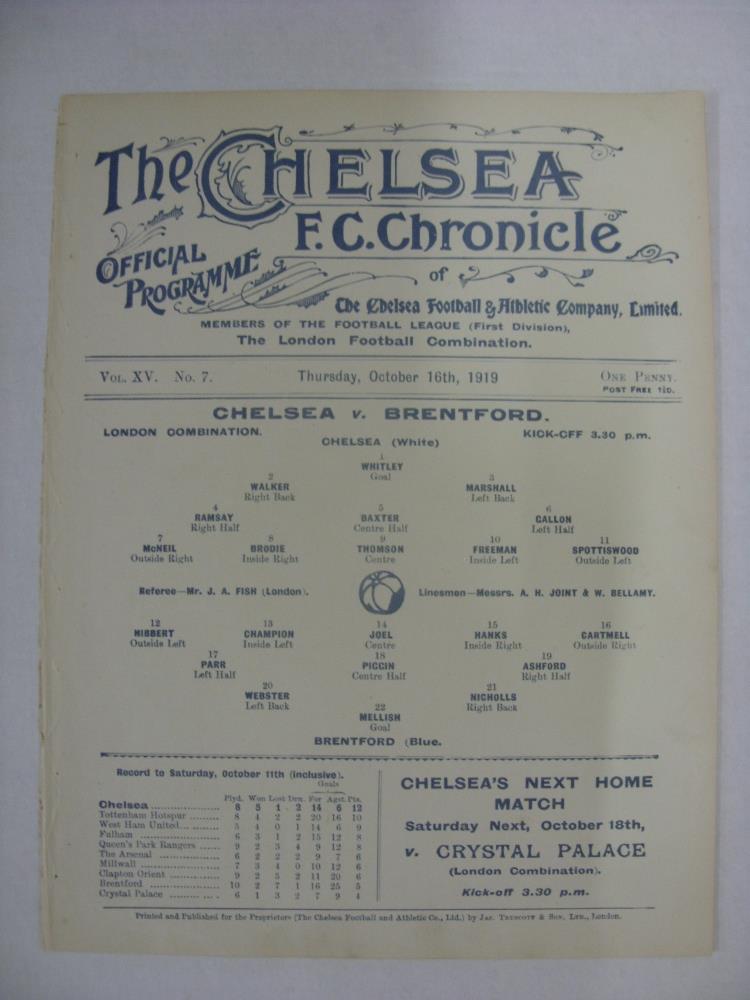 CHELSEA RESERVES, 1919/1920, versus Brentford Reserves, a football programme from the fixture played - Image 2 of 2