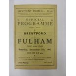 FULHAM, 1942/1943, Brentford versus Fulham, a football programme from the fixture played in The