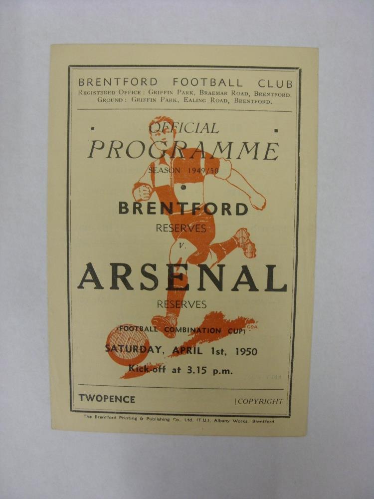 ARSENAL RESERVES, 1949/1950, Brentford Reserves versus Arsenal Reserves, a football programme from