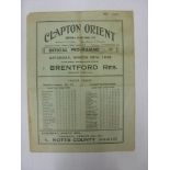CLAPTON ORIENT RESERVES, 1937/1938, versus Brentford Reserves, a football programme from the fixture