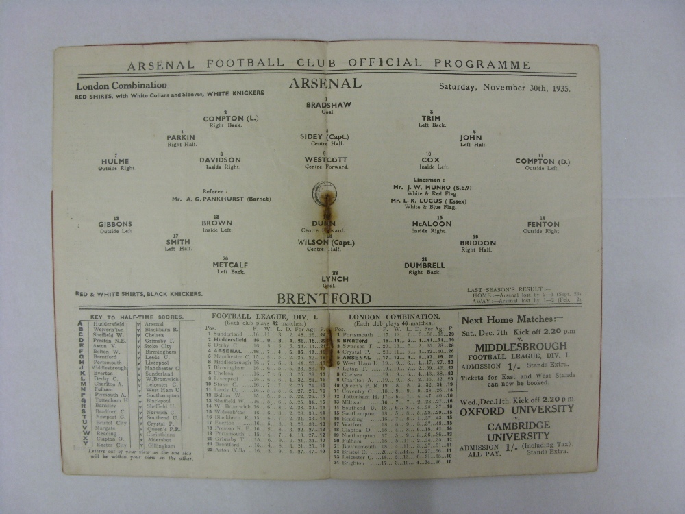 ARSENAL RESERVES, 1935/1936, versus Brentford Reserves, a football programme from the fixture played