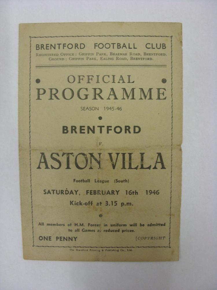 ASTON VILLA, 1945/1946, Brentford versus Aston Villa, a football programme from the fixture played