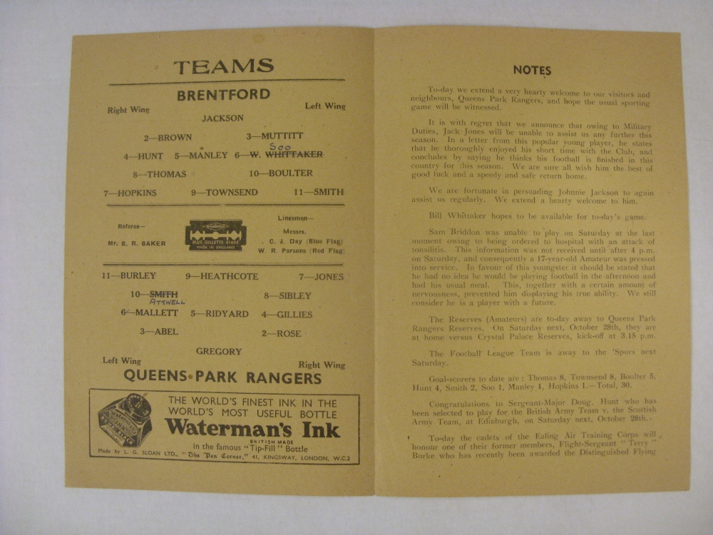QUEENS PARK RANGERS, 1944/1945, Brentford versus Queens Park Rangers, a football programme from