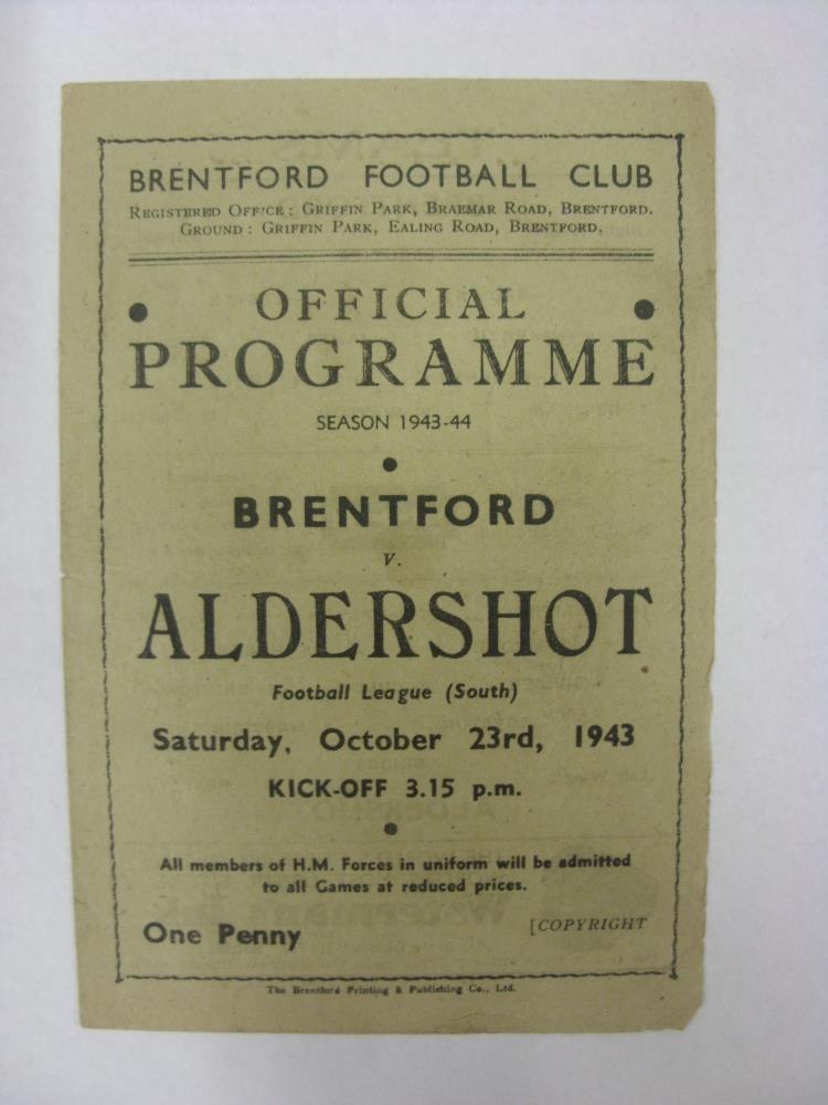 ALDERSHOT, 1943/1944, Brentford versus Aldershot, a football programme from the fixture played in