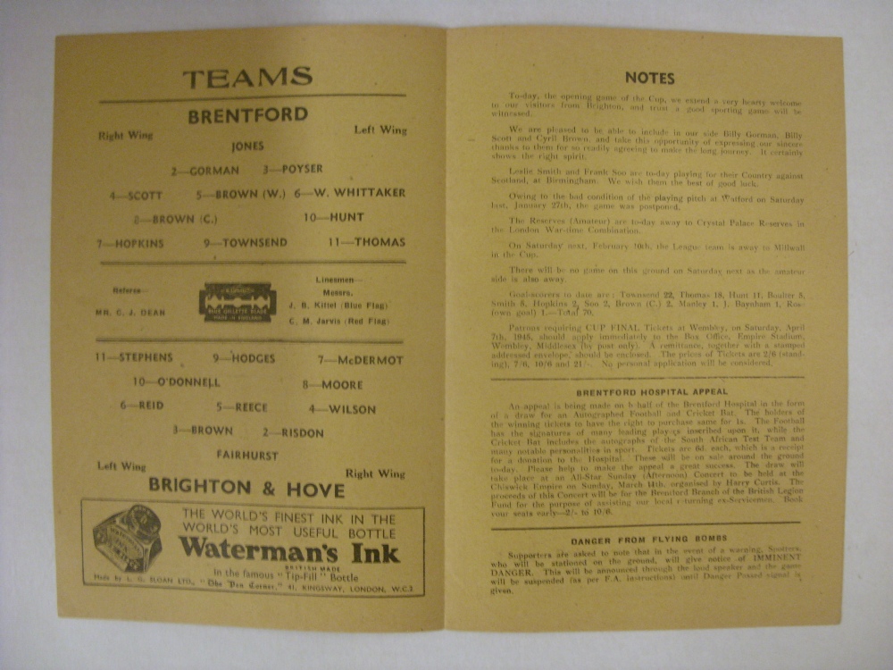 BRIGHTON AND HOVE ALBION, 1944/1945, Brentford versus Brighton And Hove Albion, a football programme