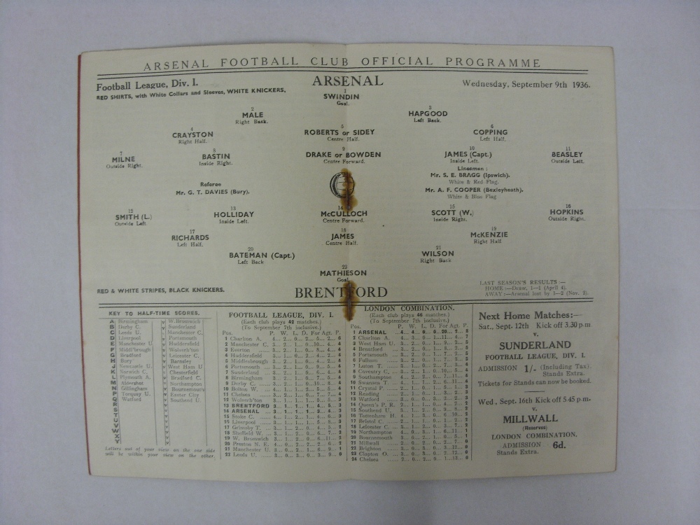 ARSENAL, 1936/1937, versus Brentford, a football programme from the fixture played on 09/09/1936 (