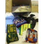A collection of football memorabilia, to include 12 scarves, 4 hats and a flag
