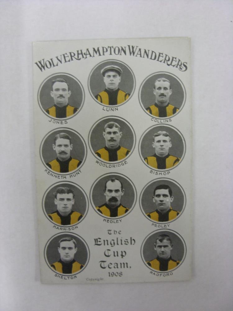 1908 Postcard, Wolverhampton Wanderers, English Cup team, individual players photographs (Cameo