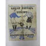 1947 Great Britain v Europe, a programme for the game played at Glasgow, 10/05/1947, hvy crsd,