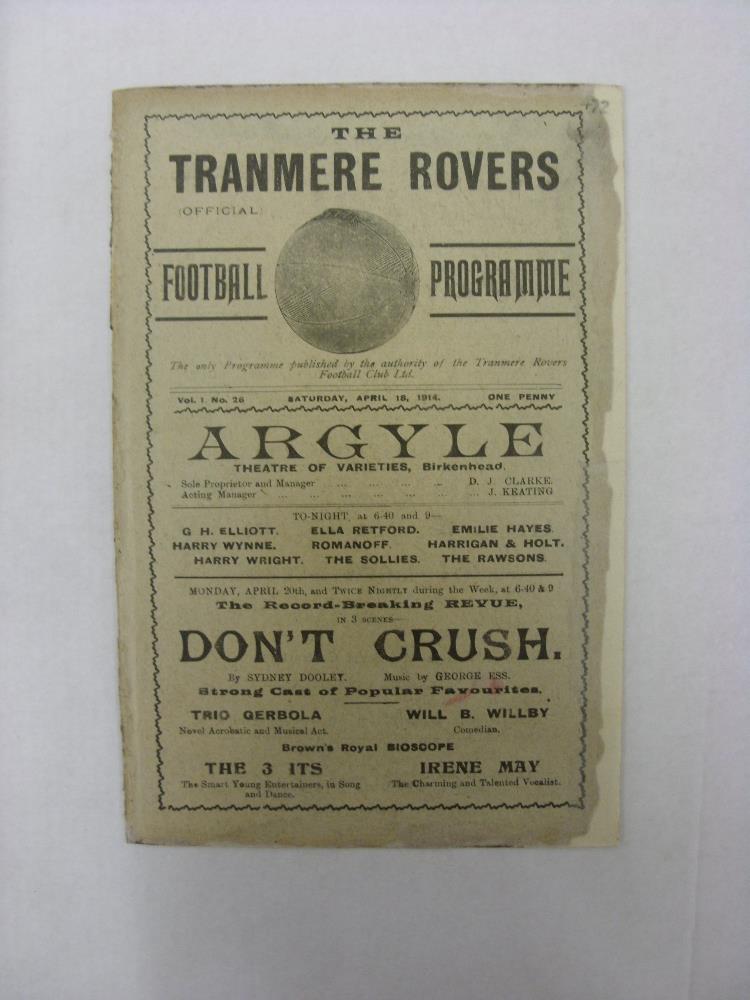 1913/14 Tranmere Rovers v Birmingham, a programme from the Friendly game played on 18/0-4/1914, ex