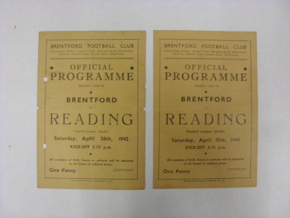 Brentford V Reading, 2 Football Programmes From Games During The War, 15/04/1944 (Folded, Team